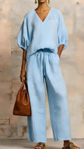 Women's Minimalist Solid-Color Loose-Fit V-Neck Casual Two-Piece Set