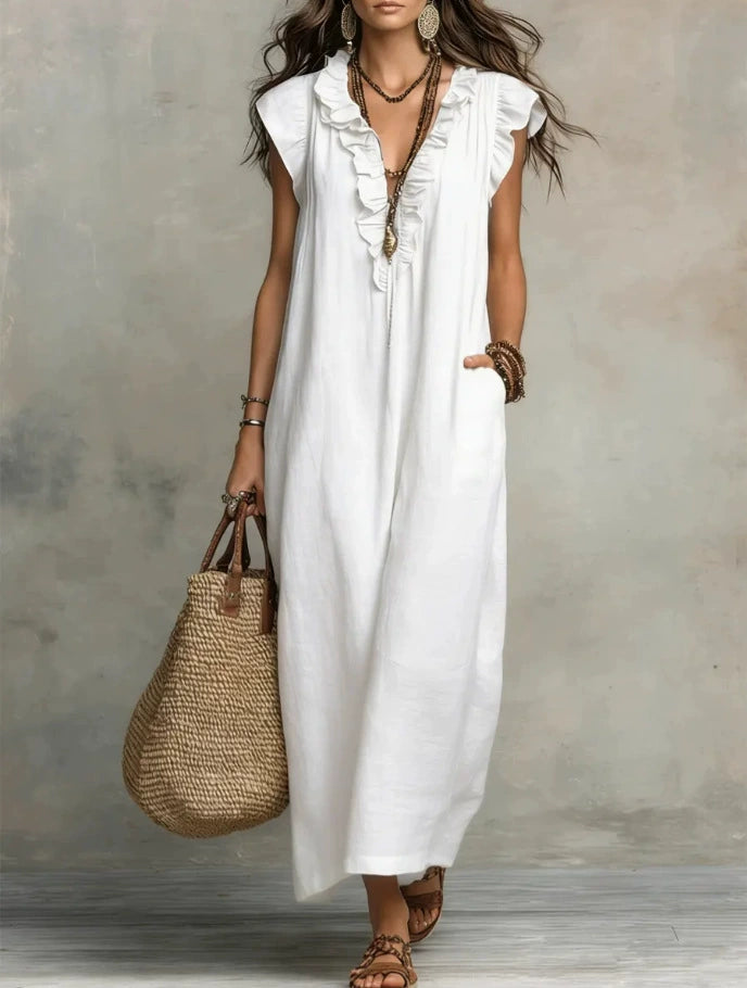 Women's Solid Color Ruffled Art Casual Fashion Cozy Cotton Linen Dress