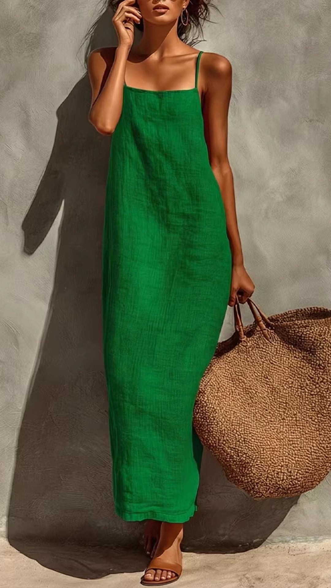 Women's Square-Neck Straight-Cut Maxi Dress with Thin Straps