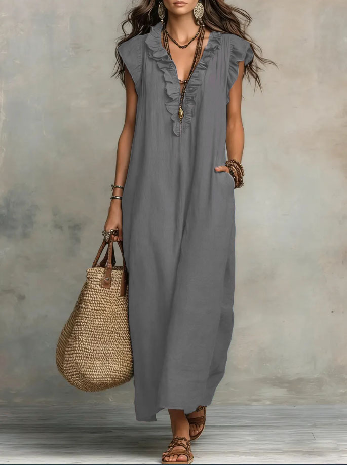 Women's Solid Color Ruffled Art Casual Fashion Cozy Cotton Linen Dress