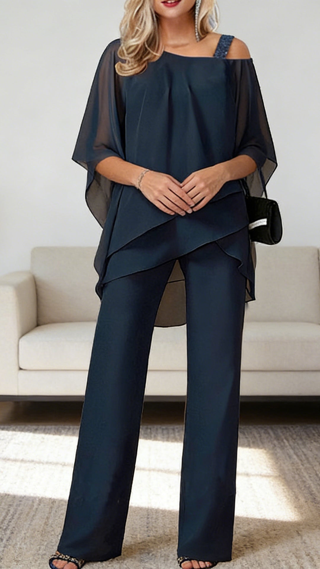 Elegant Layered Chiffon Top & Wide-Leg Pants Set