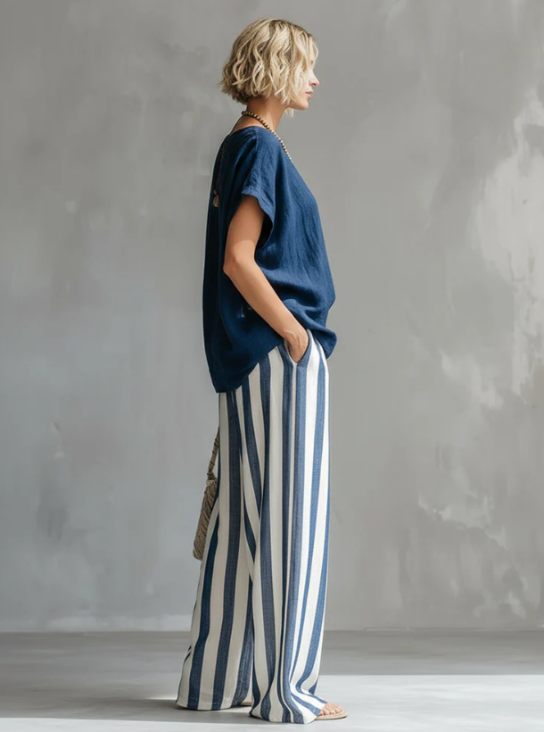 🔥Hot sale🔥Cozy Loose-fit Striped Cotton-linen Two-piece Set