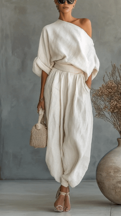 Women's Off-white Linen Off-shoulder Loose Casual Top And Tapered Pants Set