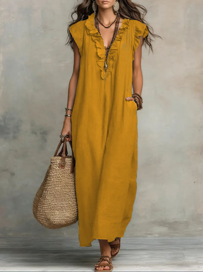 Women's Solid Color Ruffled Art Casual Fashion Cozy Cotton Linen Dress