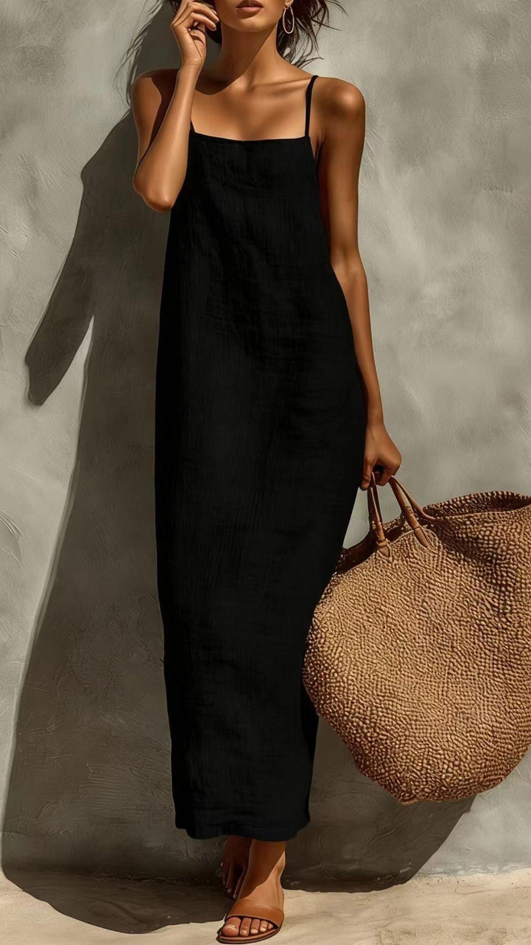 Women's Square-Neck Straight-Cut Maxi Dress with Thin Straps