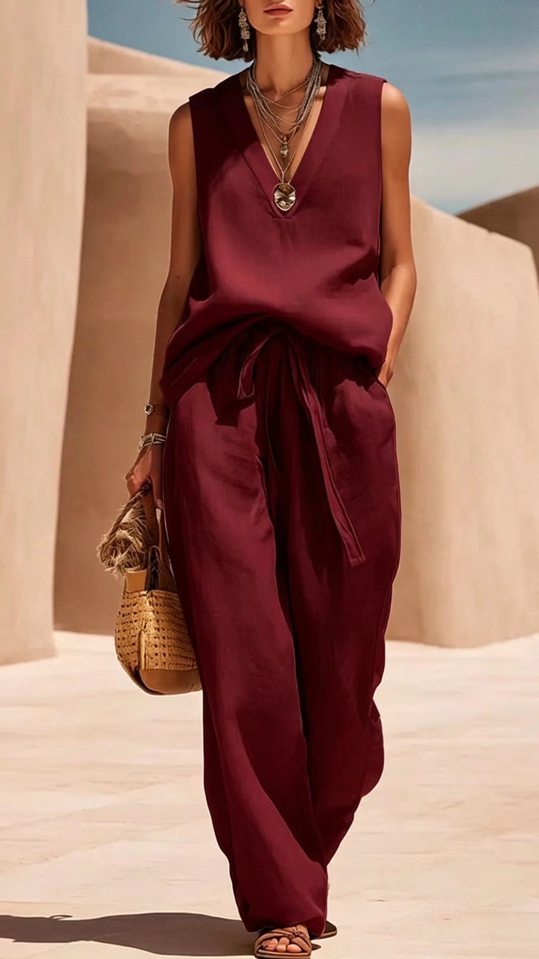 Women's V-Neck Sleeveless Linen-Blend Set
