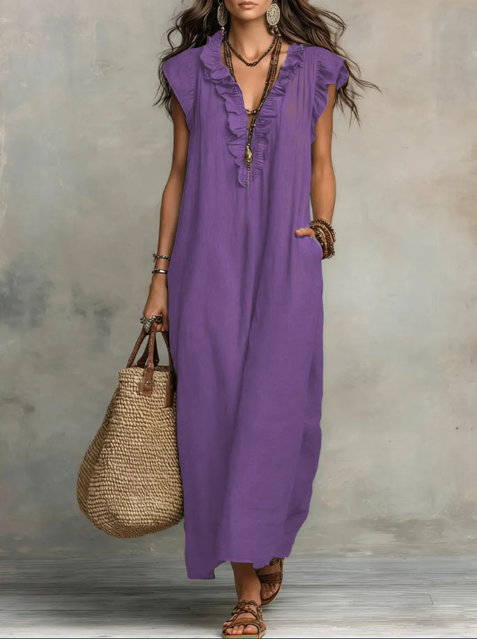 Women's Solid Color Ruffled Art Casual Fashion Cozy Cotton Linen Dress