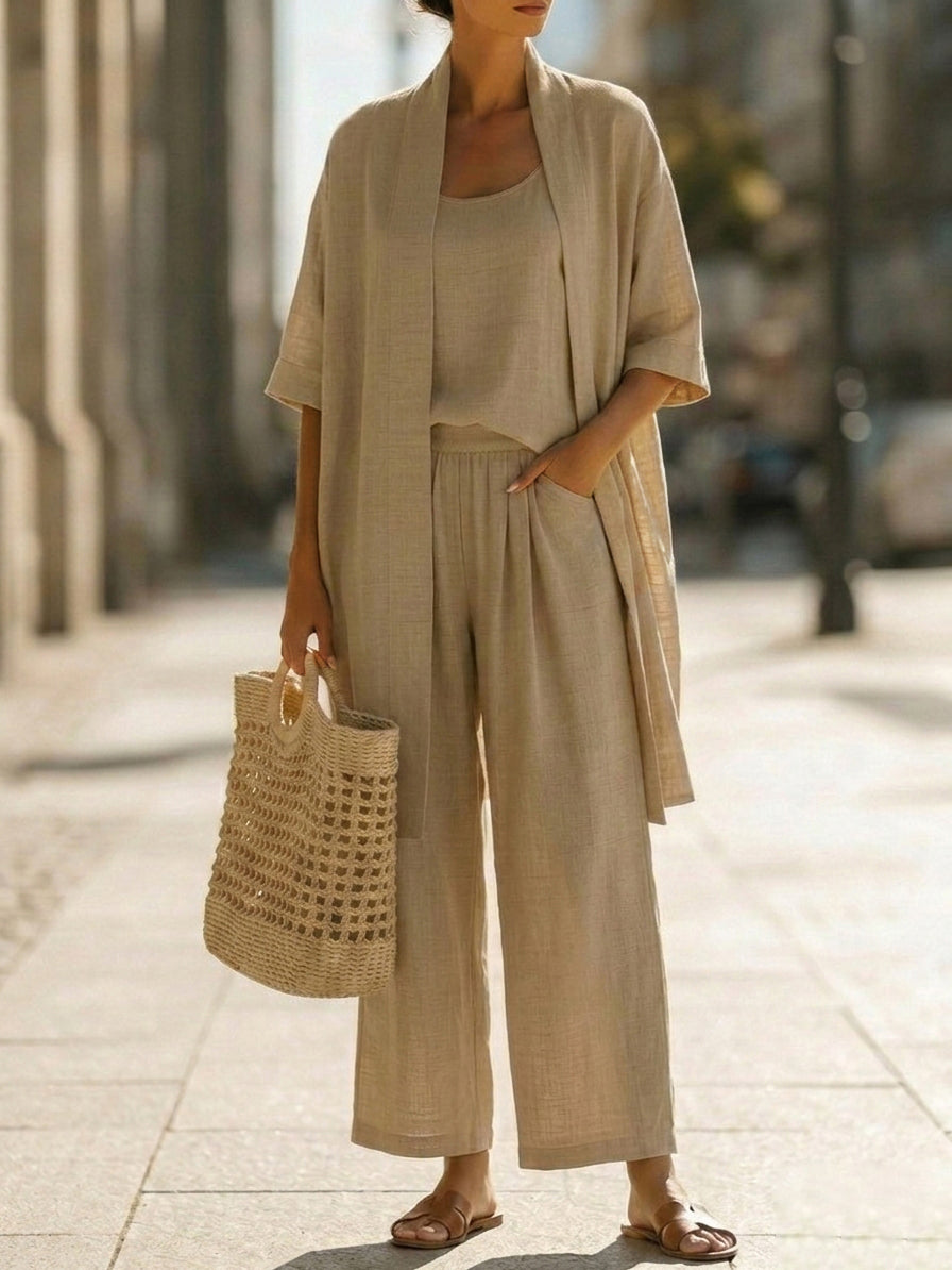 Plus Size Friendly Minimalist Linen-cotton Three-piece Set - Comfortable For Everyday Wear