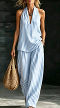 Women's Striped Cotton-Linen Set: Wide-Leg Pants & Halter Top