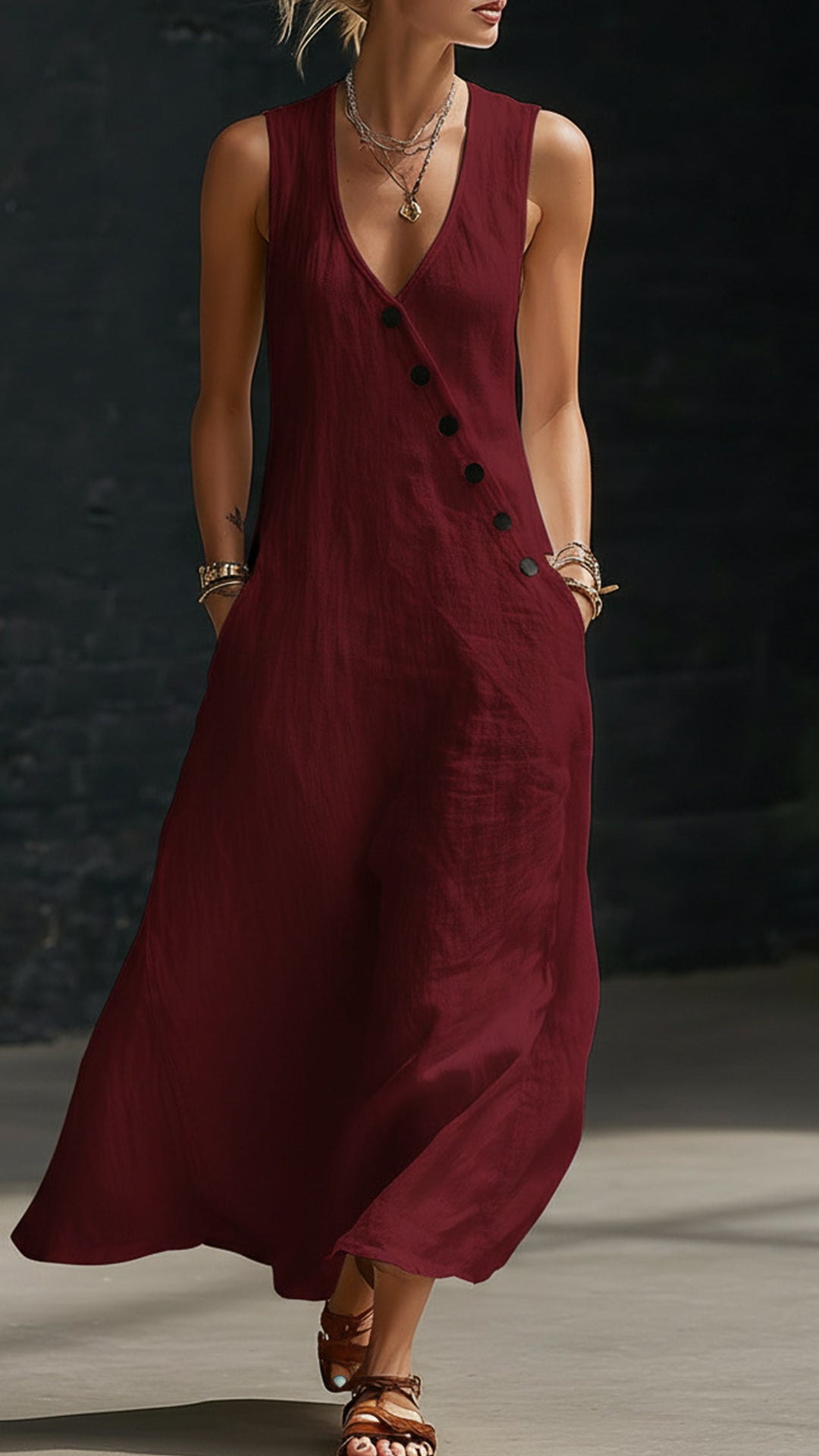 "Effortless Chic" Style V-Neck Button-Front Cotton-Linen Maxi Dress — Sleeveless Tank Dress