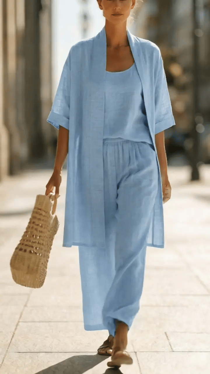 Plus Size Friendly Minimalist Linen-cotton Three-piece Set - Comfortable For Everyday Wear