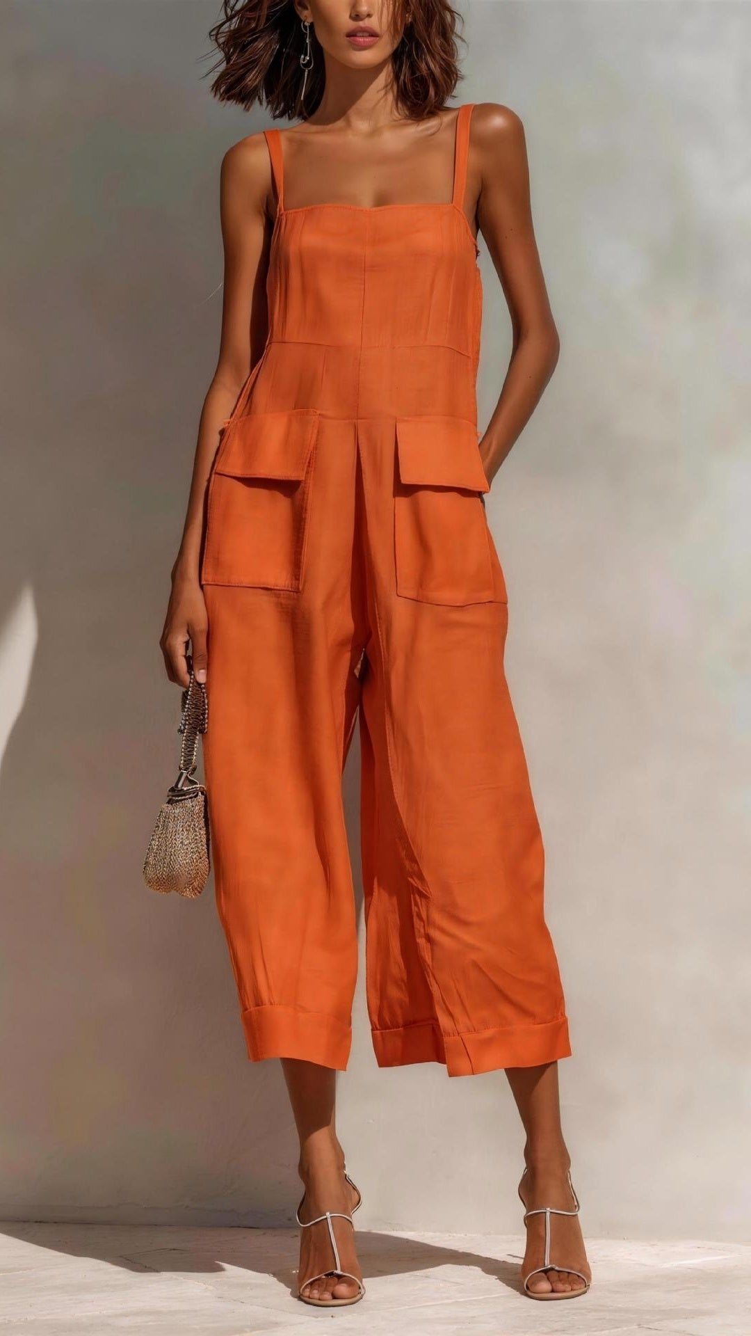 Women's Elegant Sleeveless Cropped Jumpsuit — Loose Fit, Wide-Leg, Thin Straps, Patch Pockets