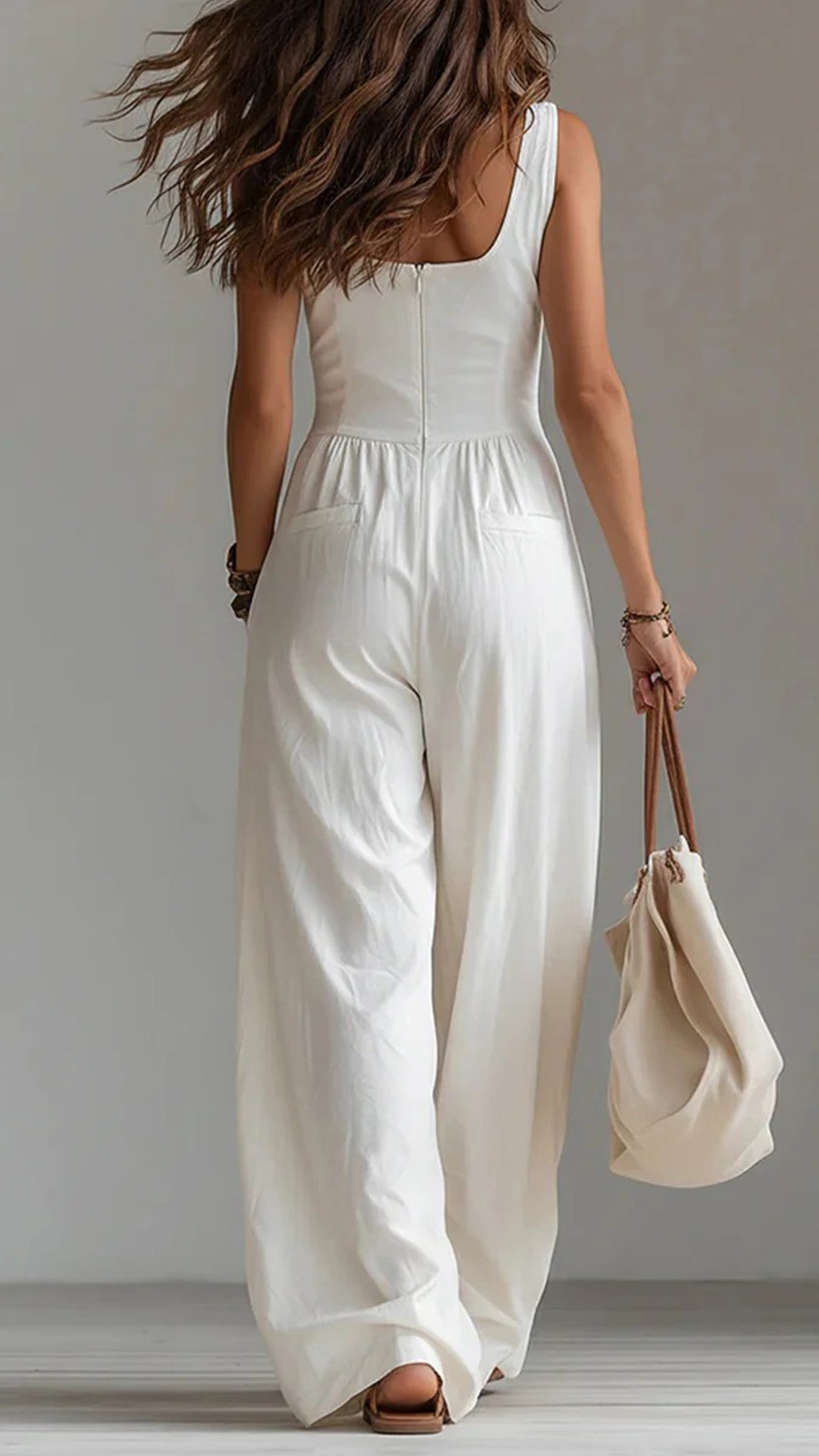 Women's Solid-Color Loose-Fit Casual Jumpsuit with Buttons and Side Pockets