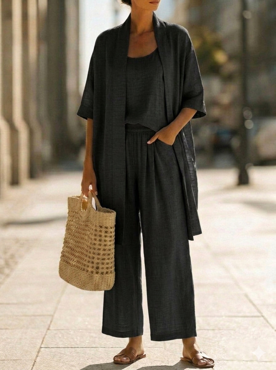Plus Size Friendly Minimalist Linen-cotton Three-piece Set - Comfortable For Everyday Wear