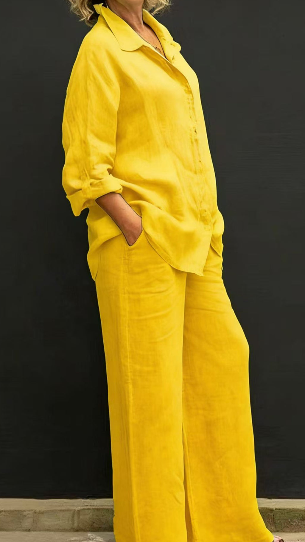 Women's Linen Lapel Shirt & Wide-Leg Pants Two-Piece Set