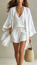 Women's  Linen-Blend Three-Piece Set (Kimono + Tank + Shorts)
