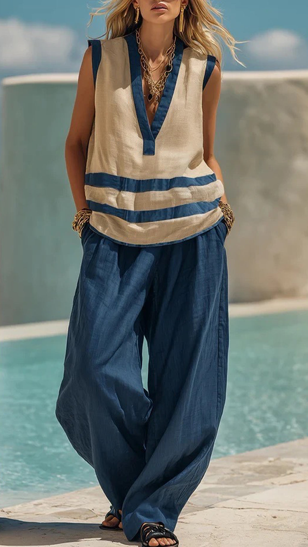 Women's  Color-Block Stripe Cotton-Blend Two-Piece Set