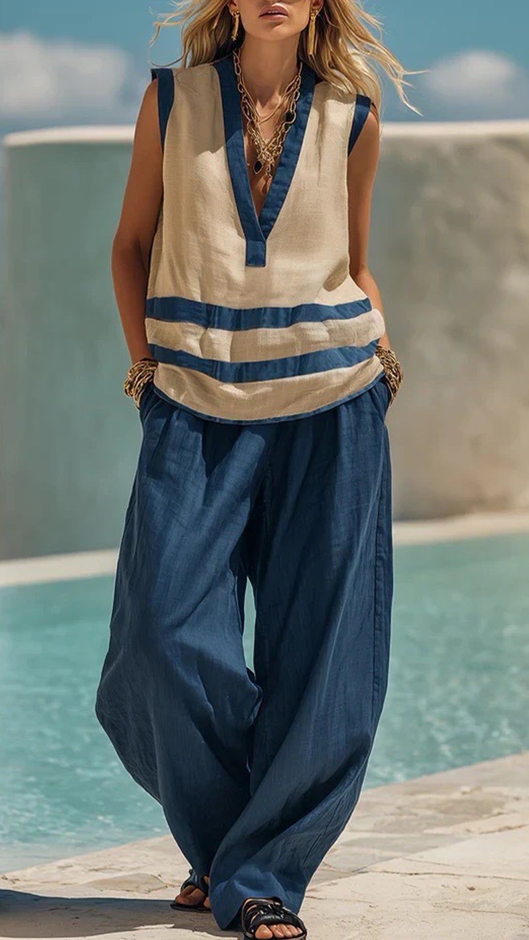 Women's  Color-Block Stripe Cotton-Blend Two-Piece Set