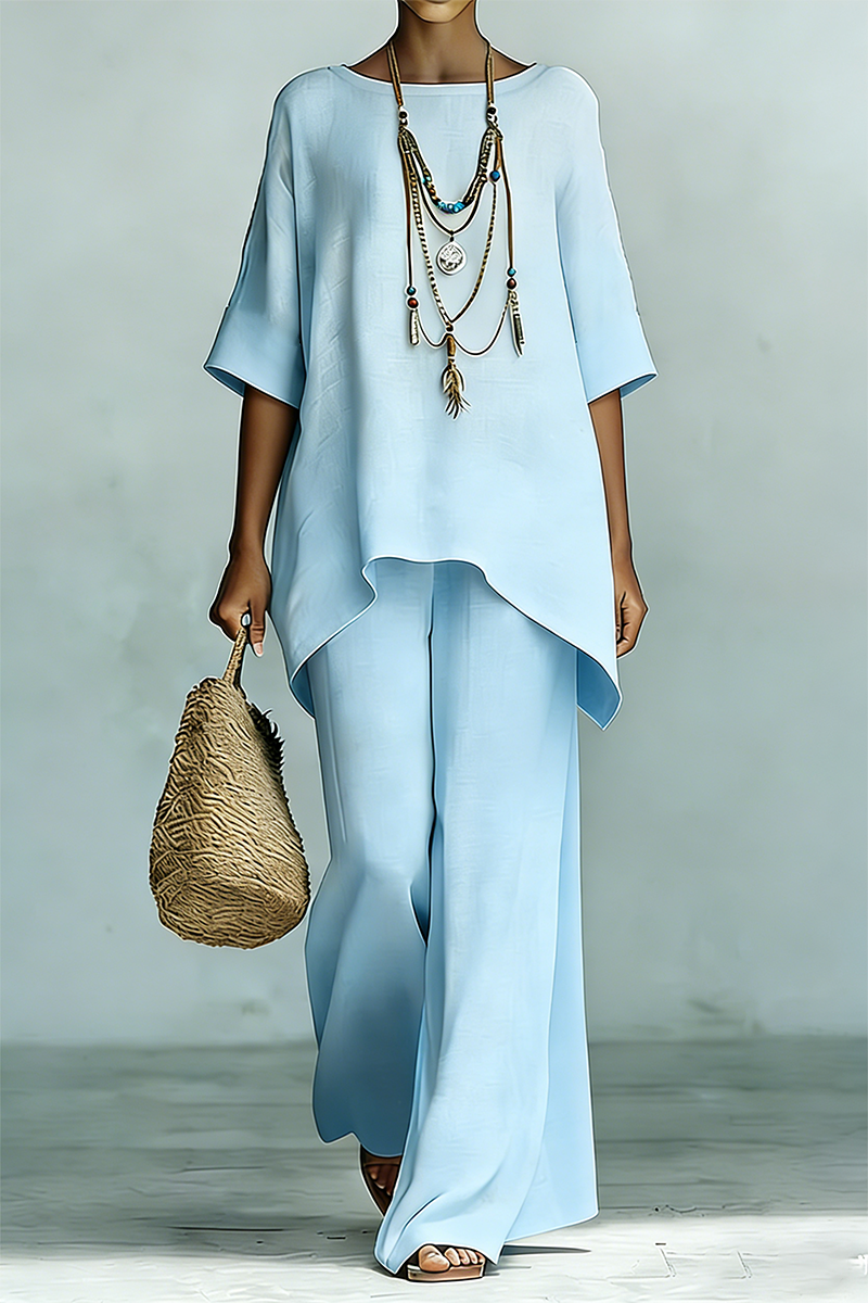 Plus Size Friendly Women's Elegant & Simple Loose-Fit Solid-Color Top and Wide-Leg Pants Set
