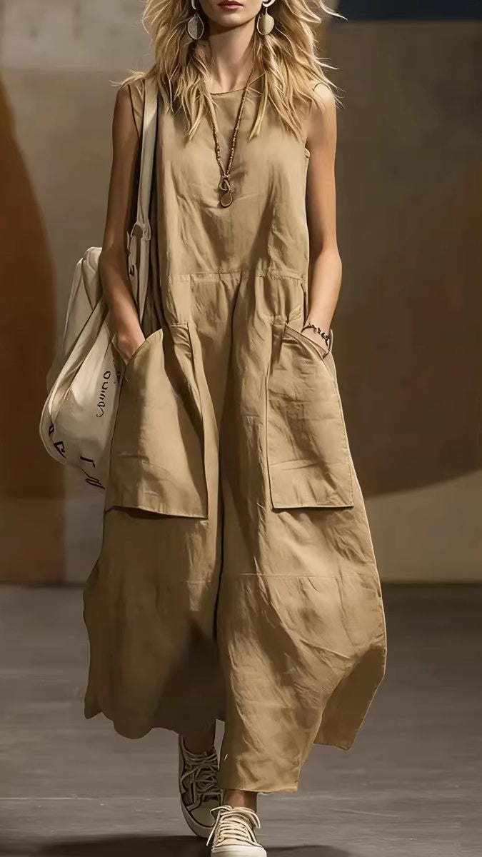 Women's Loose-Fit, Simple, Sleeveless Cotton-Linen Dress with Pockets