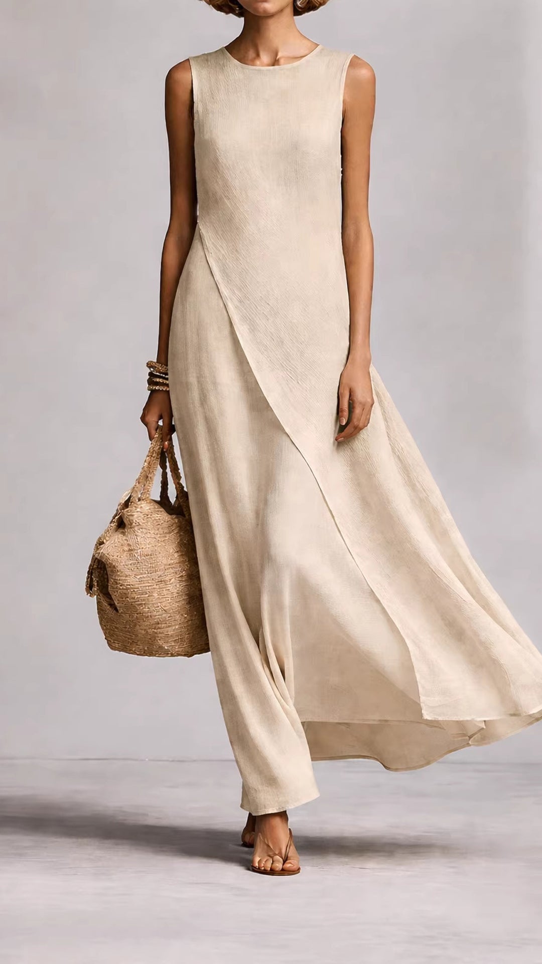 Sleeveless asymmetrical hem cotton-linen blend dress