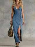 Women's everyday blue V-neck slit denim long dress with Western-style buttons