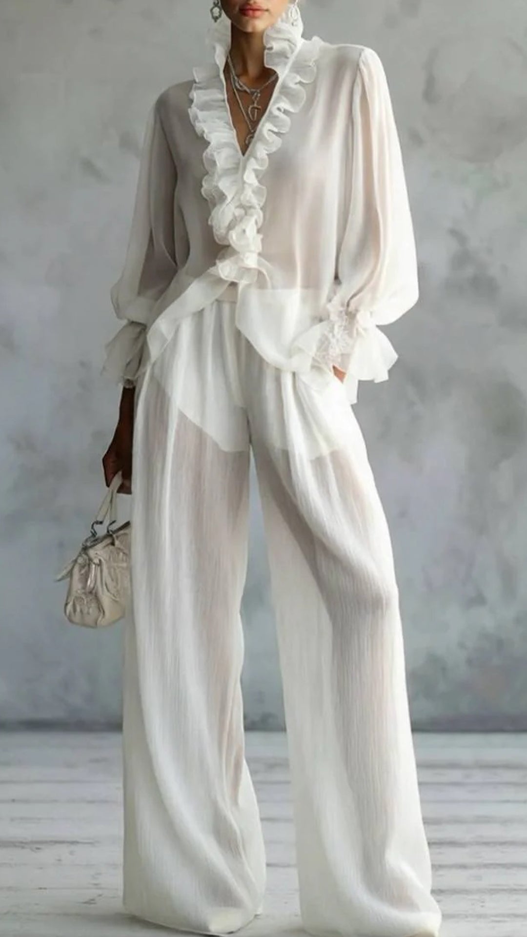 Women's Polyester Spandex Blend Ruffle Wide-Leg Set