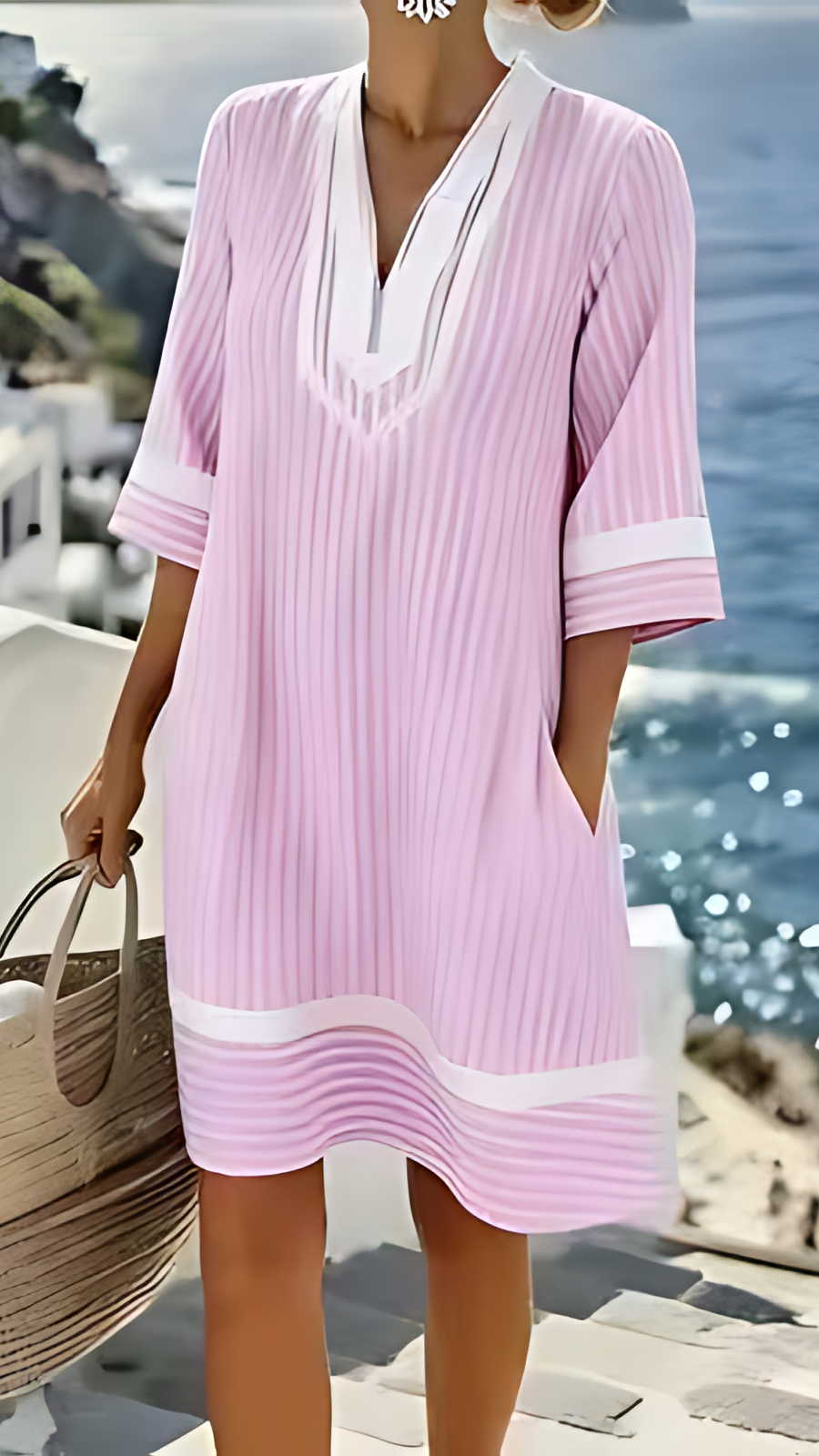 Women's beach vacation style V-neck printed loose beach dress