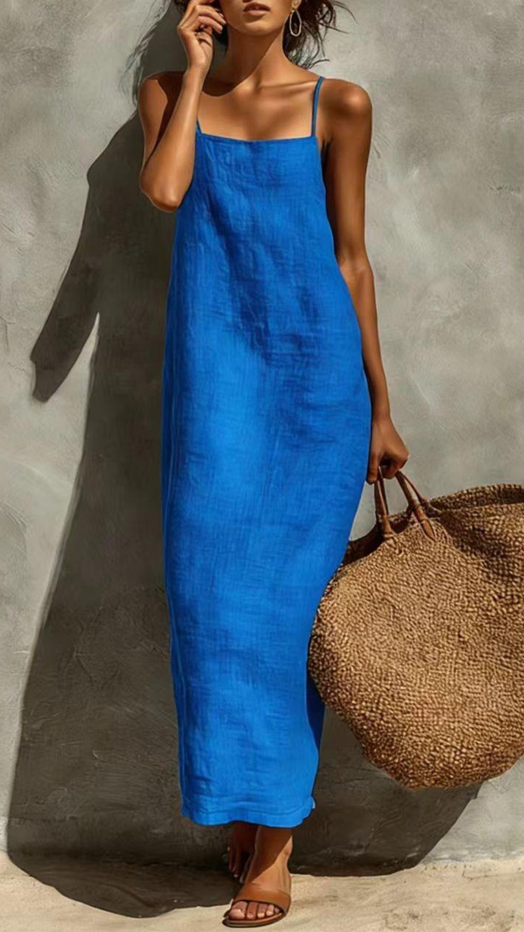 Women's Square-Neck Straight-Cut Maxi Dress with Thin Straps