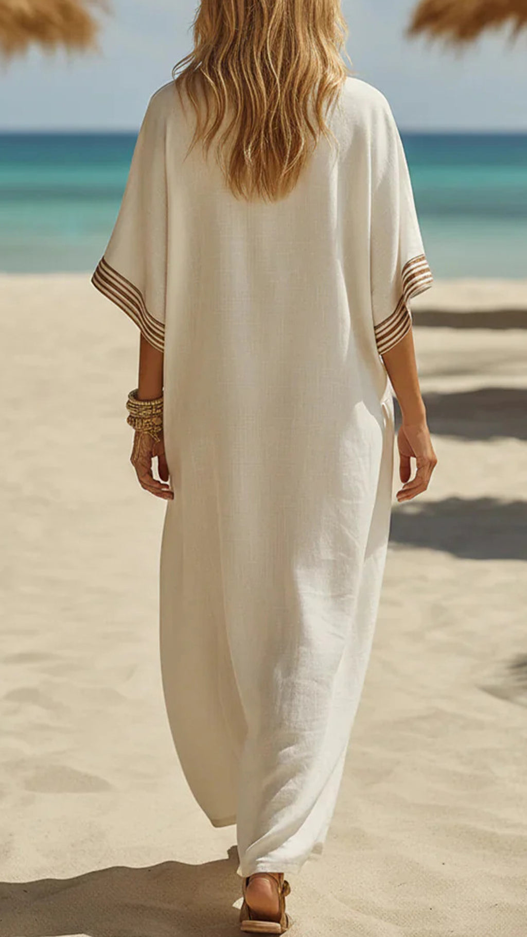 Women's Striped Trim Cotton-Blend Kaftan Dress