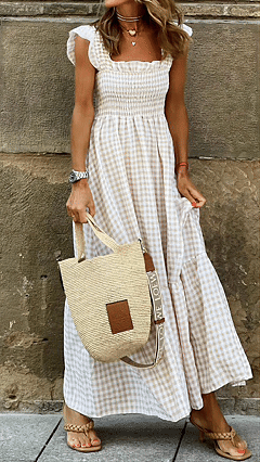 Women's  Beige Gingham Linen-Blend Maxi Dress