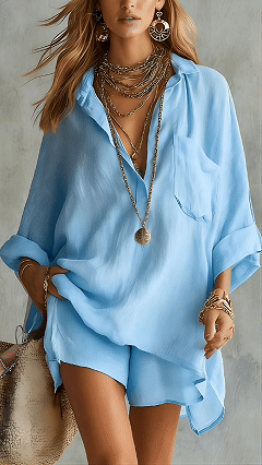 Women's Cotton-Blend Loose Shirt & Shorts Set