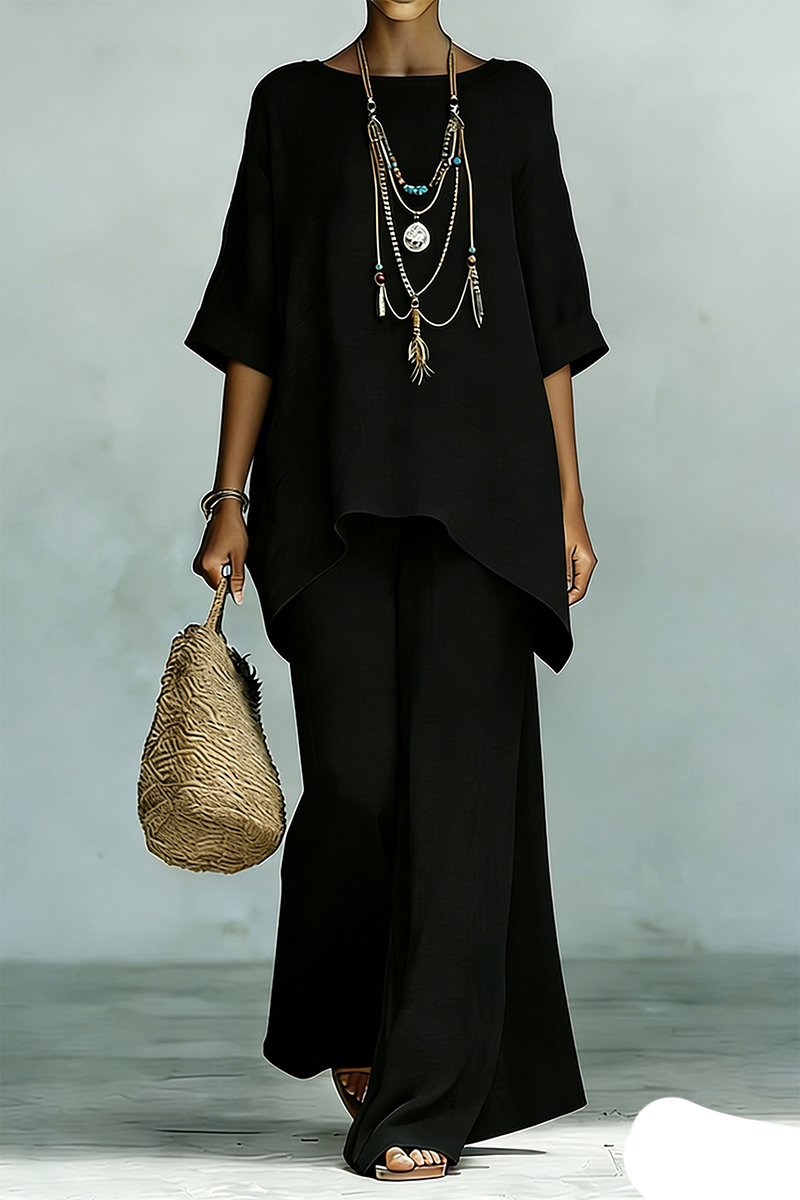 Plus Size Friendly Women's Elegant & Simple Loose-Fit Solid-Color Top and Wide-Leg Pants Set