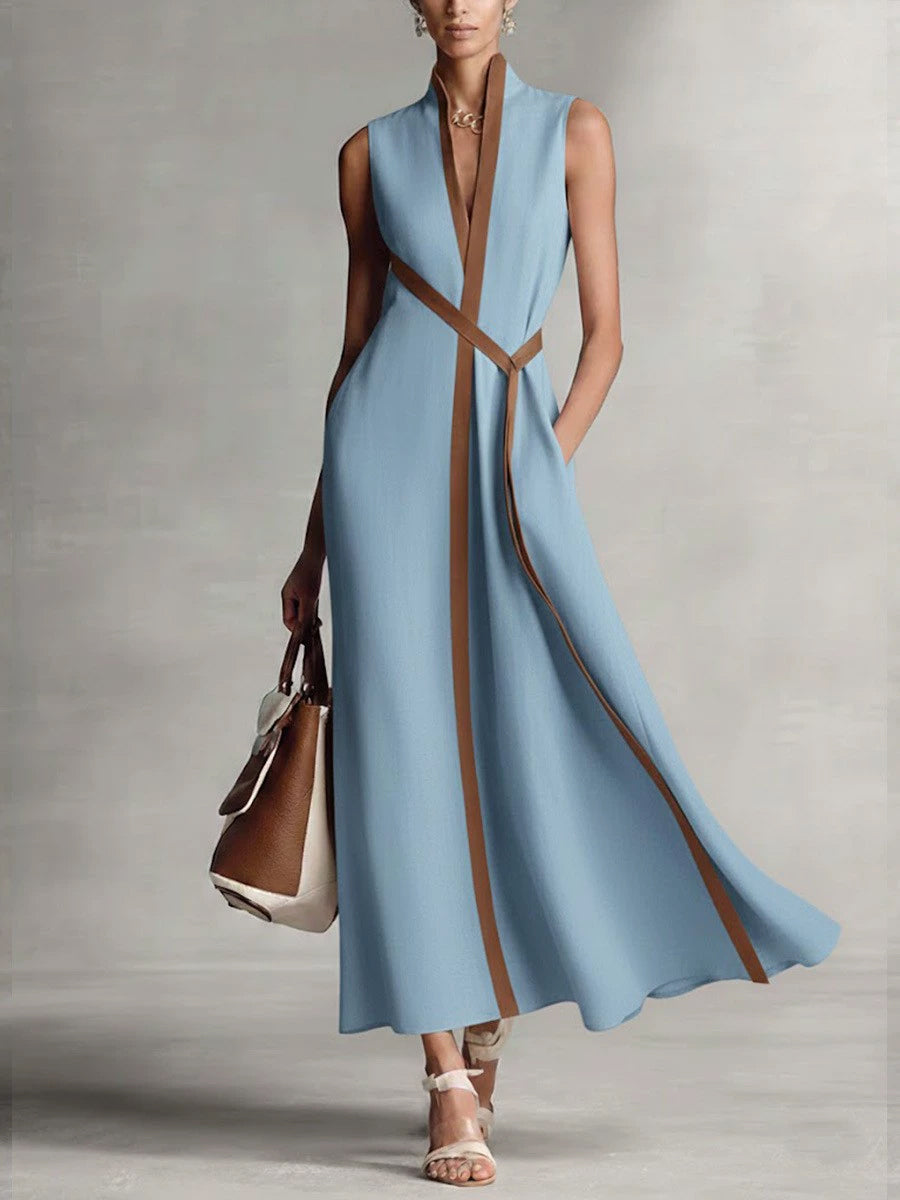 Daily White Colorblock Stand-Up Collar Pocket Boho Contrast Linen Maxi Dresses