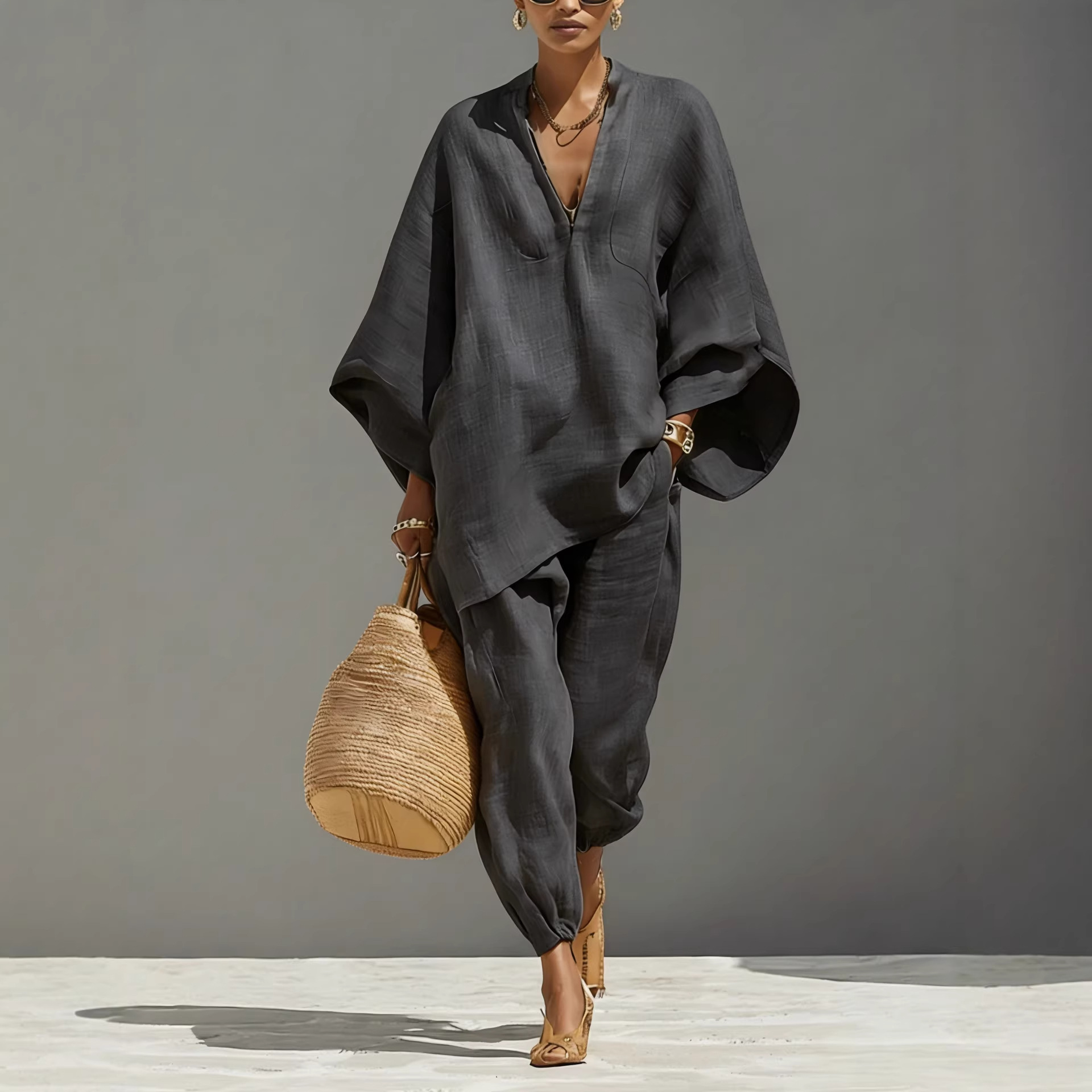 Women's Solid Color V-neck Long Sleeve Casual Loose Cotton Linen Top With Elastic Waist And Wide-leg Pants Set