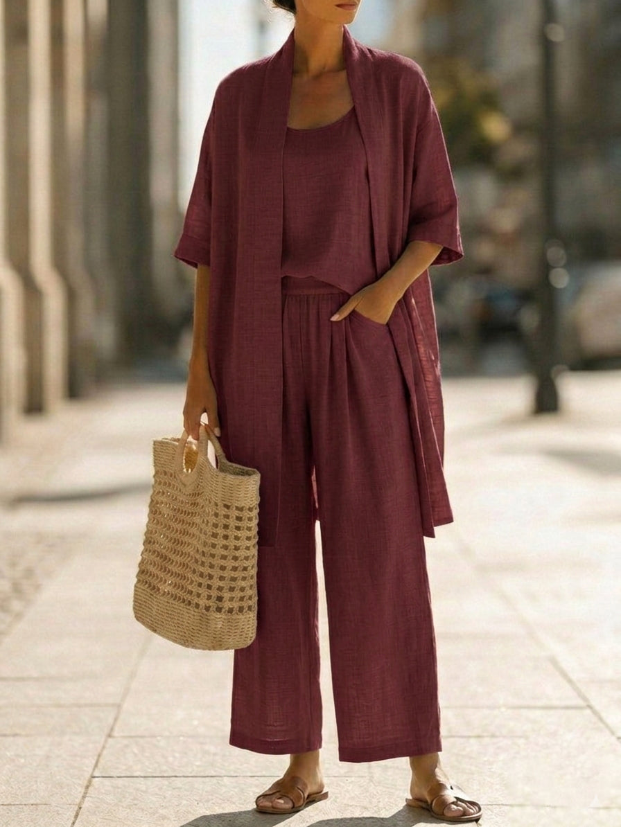 Plus Size Friendly Minimalist Linen-cotton Three-piece Set - Comfortable For Everyday Wear