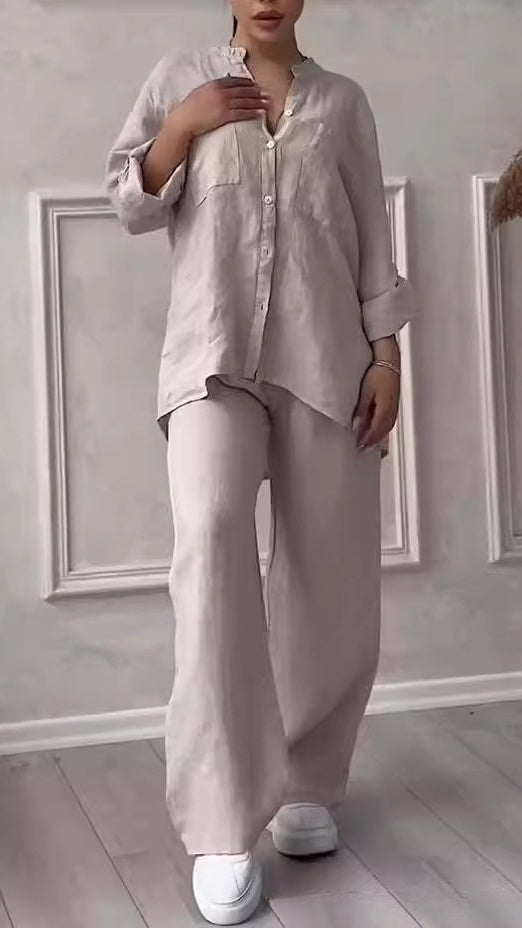 Women's Casual Cotton-Linen Solid-Color Shirt & Drawstring Wide-Leg Pants Two-Piece Set