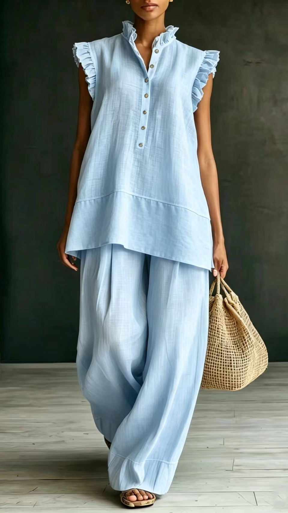 Women's Ruffled Sleeveless Shirt and Loose-Fit Trousers Two-Piece Set