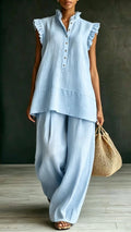 Women's Ruffled Sleeveless Shirt and Loose-Fit Trousers Two-Piece Set