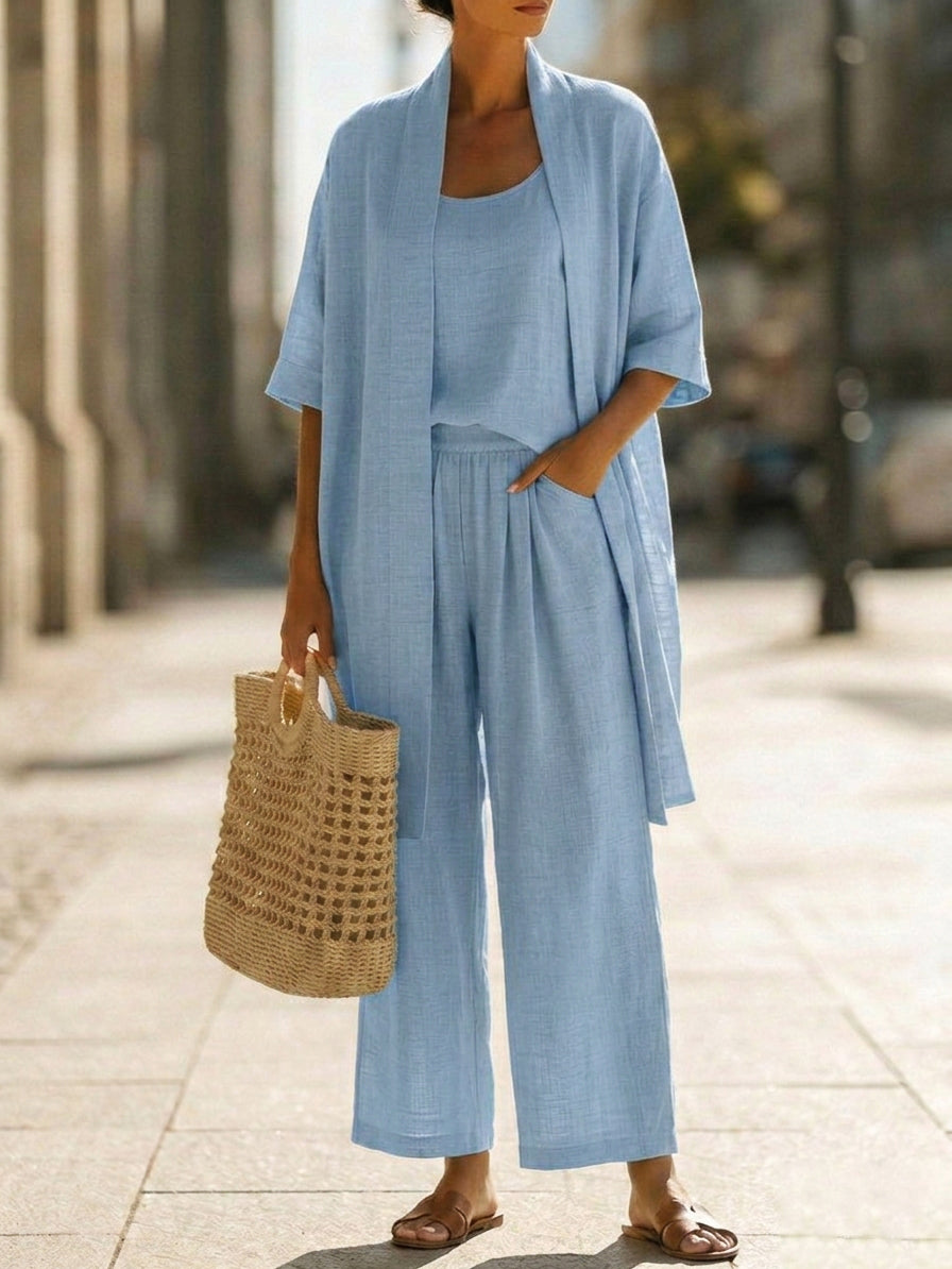 Plus Size Friendly Minimalist Linen-cotton Three-piece Set - Comfortable For Everyday Wear