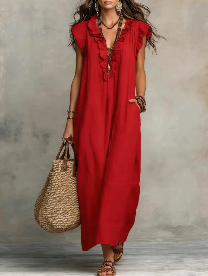 Women's Solid Color Ruffled Art Casual Fashion Cozy Cotton Linen Dress