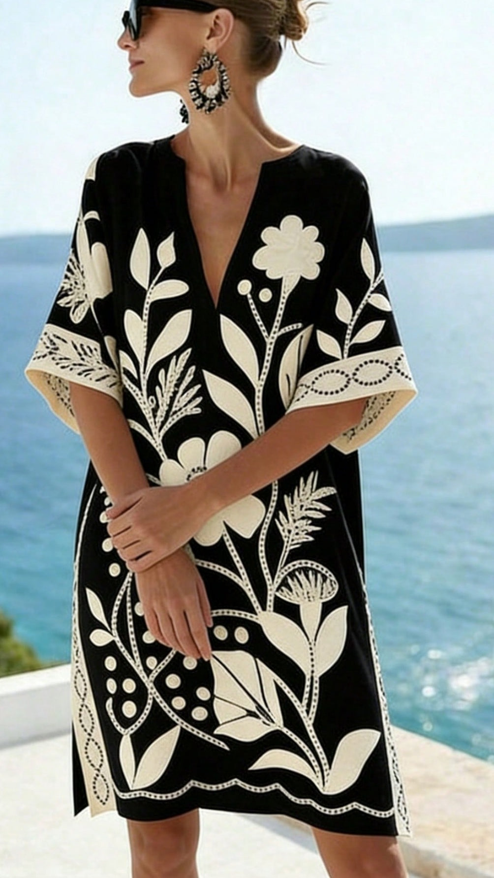 Women's Loose-Fit Printed V-Neck Casual Vacation Dress