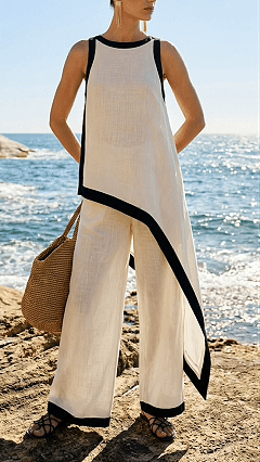Women's Contrast Trim Cotton-Blend Asymmetrical Wide-Leg Pants Set