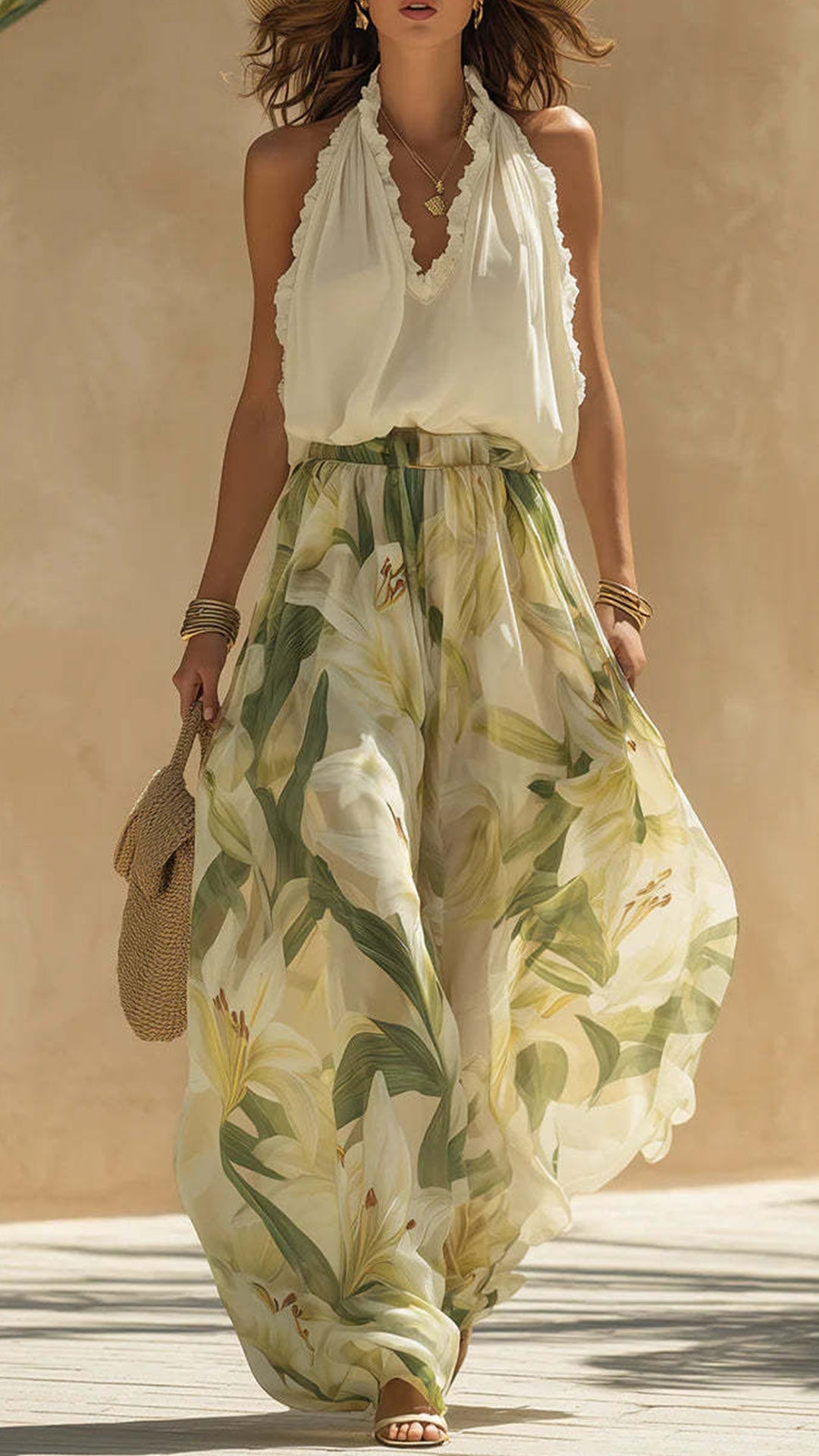 Women's Cotton-Blend Halter Ruffled Floral Wide-Leg Pants Set