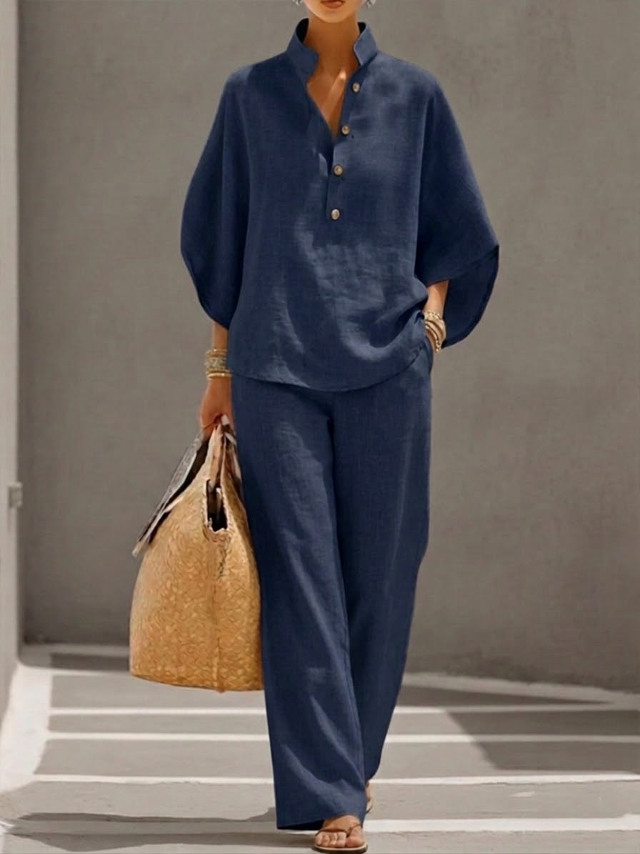 Plus Size Friendly Women’s Batwing Sleeve Linen Cotton Two-Piece Set – Casual Shirt & Wide Leg Pants Outfit