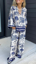 Women's Casual V-Neck Printed Long-Sleeve Two-Piece Set with Pockets