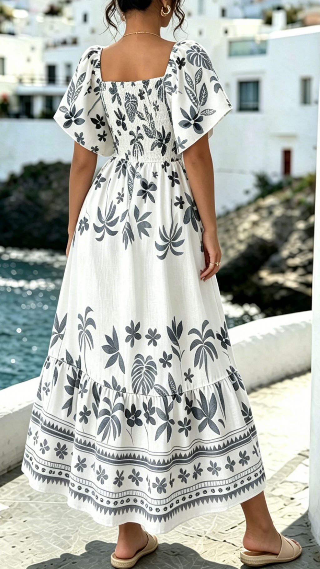 Women's Printed Dress with Square Neckline and Flutter Sleeves
