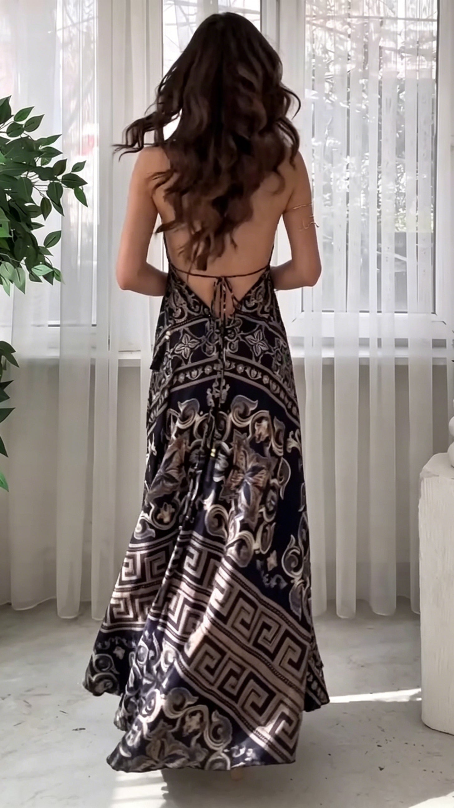 Women's Backless, Deep V-Neck, Spaghetti-Strap, Printed Maxi Dress