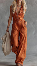 Women's Solid Color Shirt Collar Sleeveless Casual Loose Cotton And Linen Wide-leg Jumpsuit