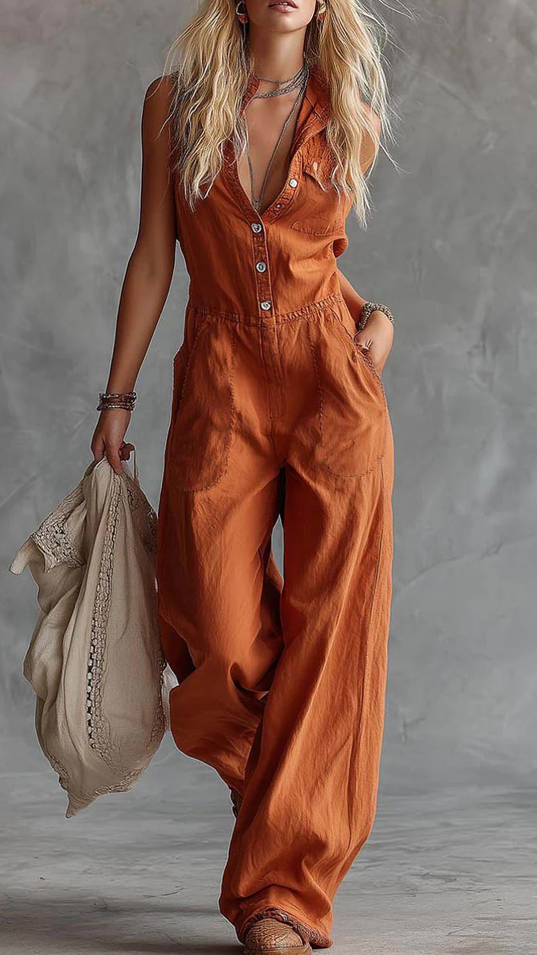 Women's Solid Color Shirt Collar Sleeveless Casual Loose Cotton And Linen Wide-leg Jumpsuit